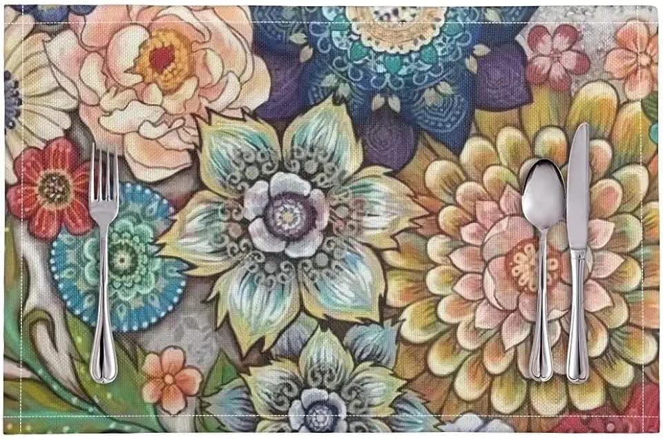 Placemats Set of 8, Dining Table Woven Vinyl PVC Placemat Wipeable Easy to Clean Oil-Proof Non-Slip Tablemats, Blooming Flowers