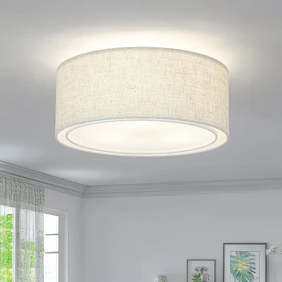 Luupyia 12.59 Inches Fabric Drum Ceiling Light Fixture, 3-Lights White Simple Semi Flush Mount Ceiling Lights with Double Fabric Shade, Drum Overhead Lighting for Bedroom Hallway E26, 60W
