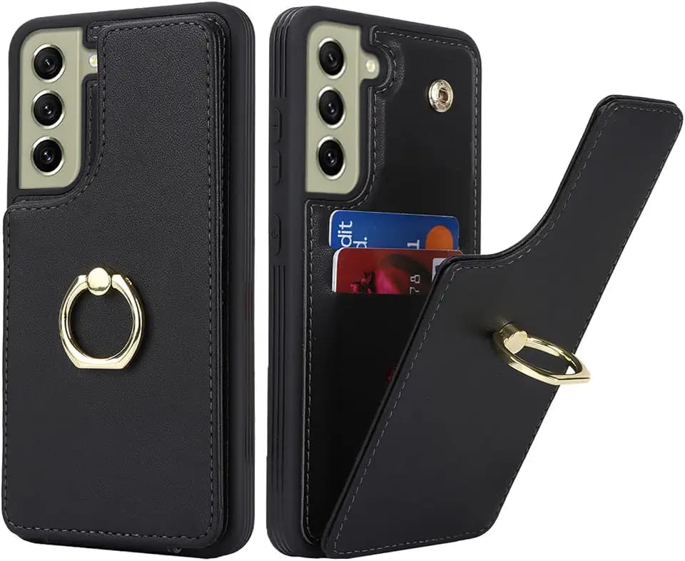 SailorTech für Samsung Galaxy S21 FE Handyhülle mit Kreditkartenhalter für Frauen, Samsung S21 FE Hülle Ring-Ständer Kartenschlitze Standfunktion Modische Tasche für Männer - Schwarz