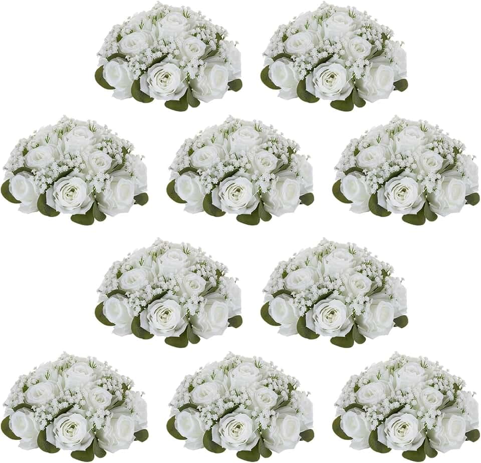 NUPTIO Flower Balls for Table Centerpieces: White Fake Flowers, 8.6 Inch