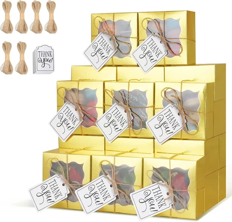 KPOSIYA 60pcs Small Cookie Boxes with Window, 4x4x2.5 Gold Bakery Box