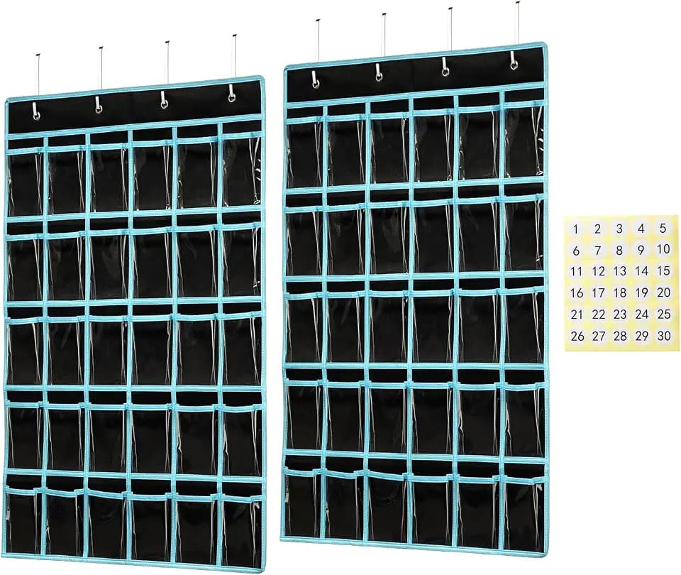 KEEPJOY Classroom Pocket Chart Organizer,Cell Phones Calculator Holder for Classroom with 30 Clear Pockets and Number Sticker Size 33.5x 24.5 Inch (2pack-black)