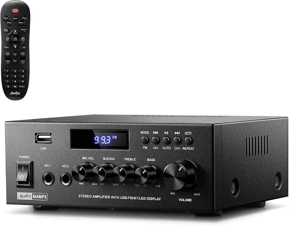 Moukey Verstärker Home Audio, 2.0-Kanal-Stereo-Receiver mit Bluetooth 5.3, Vollfunktionsfernbedienung, FM, RCA, USB, 2 Mikrofoneingänge, 300 W Spitzenleistung, für Karaoke, Garage, Heimkino, MAMP3