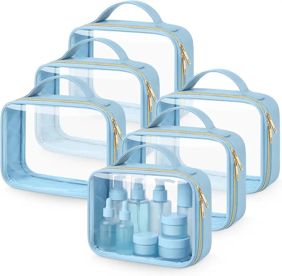 Abbylike 6 Pcs Clear Makeup Bags Bulk 7.9 x 5.9 x 2.4 Inches Quart Size Approved PU Leather Toiletry Bag with Handles Small PVC Clear Travel Cosmetic Case for Women Wedding Bridal Gifts(Blue)