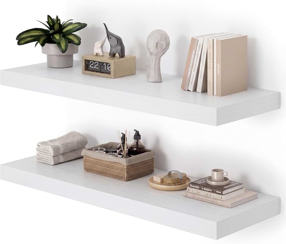 Heimlove 36 Inch Long Floating Shelf for Wall, 12" Deep White Floating Shelves Shelves for Bedroom Living Room Bedroom, Mounted Shelves for Storage Book Decor, Set of 2