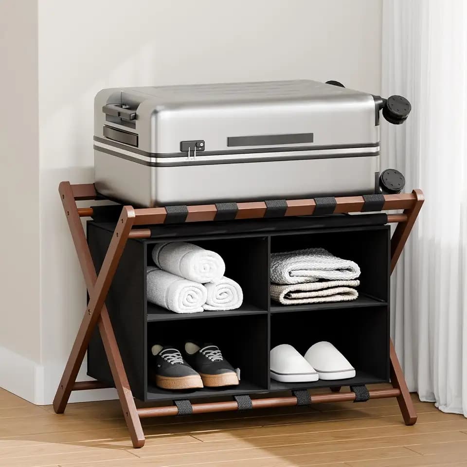 Bamboo Luggage Rack with 4 Storage Compartments, 150 lb Capacity