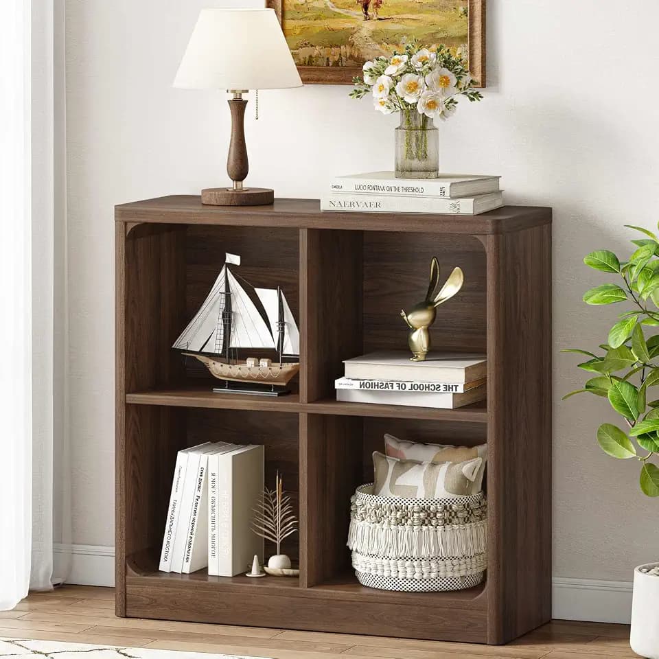 FATORRI 4 Cube Storage Organizer Bookshelf, Small Cube Bookcase, Wooden Bookshelf Cubby Shelf for Living Room, Kids' Room, Home Office, Bedroom (Dark Walnut)