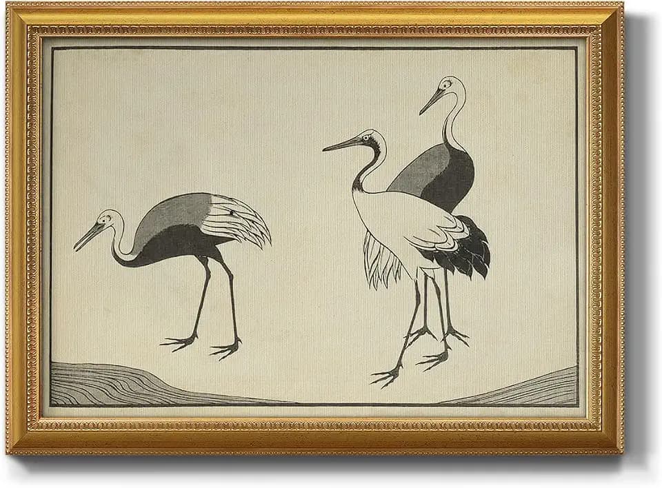 Renditions Gallery Animal Wall Art Three Black and White Cranes by the Stream Painting Picture Modern Home Décor Gold Framed Canvas Prints Artwork for Bathroom and Bedroom Wall Decoration 22x31 Inch