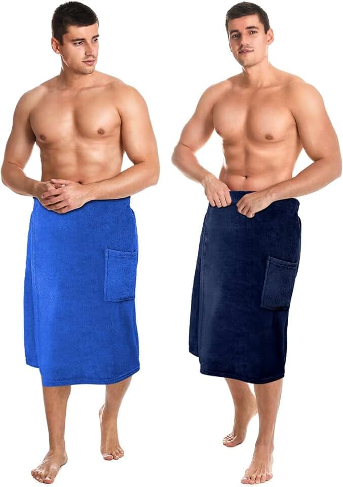 Tudomro 2 Pcs Men's Bath Wrap Towel X-Large Adjustable, Navy, Bright Blue