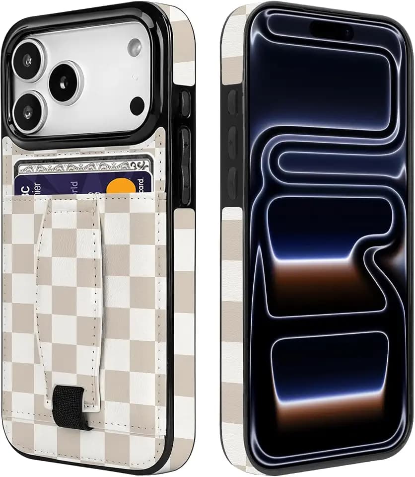 for iPhone 18 Pro/17 Pro Case Wallet with Finger Strap Loop Beige Checkered
