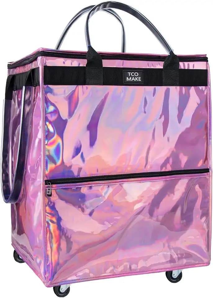 Large Phantom Pink Reusable Grocery Bag on Wheels, Folding Rolling Tote