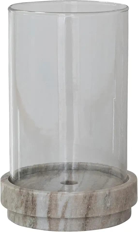 Creative Co-Op Round Marble Taper/Pillar Candle Holder with Glass Hurricane, Beige Finish