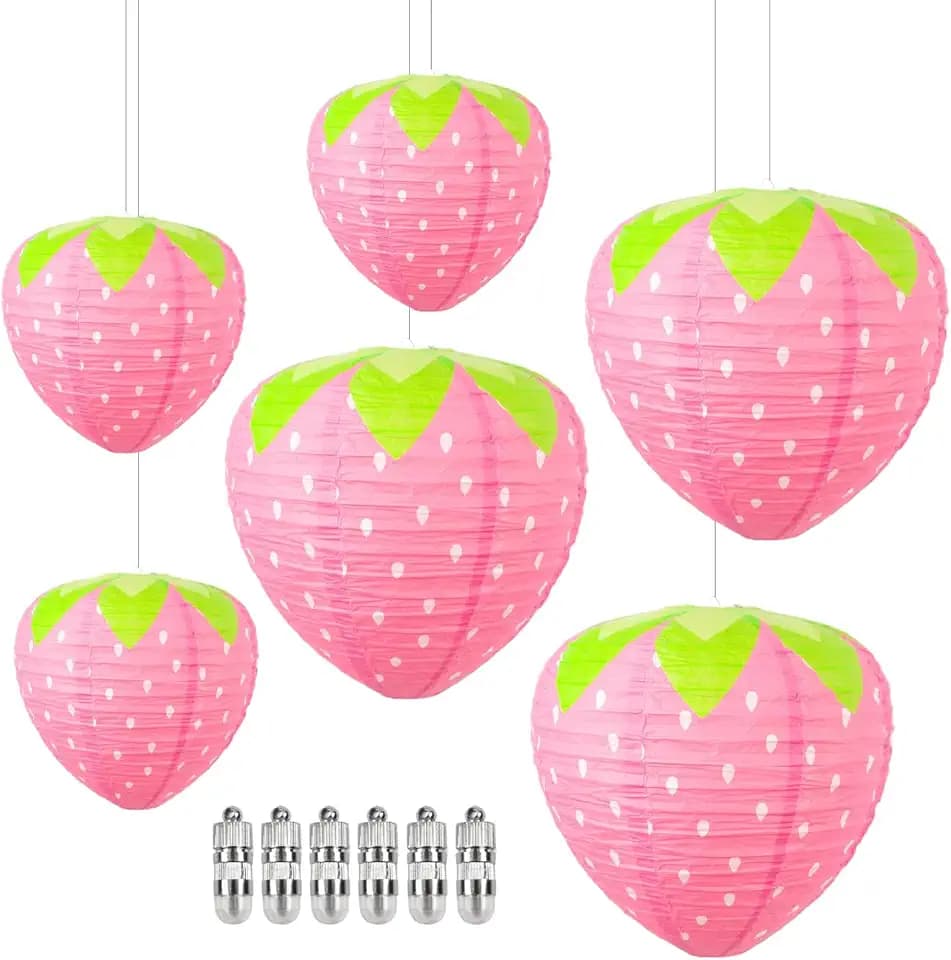 Paper Lanterns with LED Lights for Strawberry Decor, 12 & 8 Inch