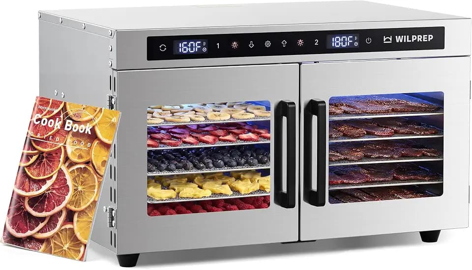 WILPREP Dual-Zone Food Dehydrator for Jerky, 12-Tray, 13 sq ft Food Dryer with Independent Control & 86–185°F Temp Range, Stainless Steel Dehydrator for Homemade Jerky Fruit Herbs Snacks