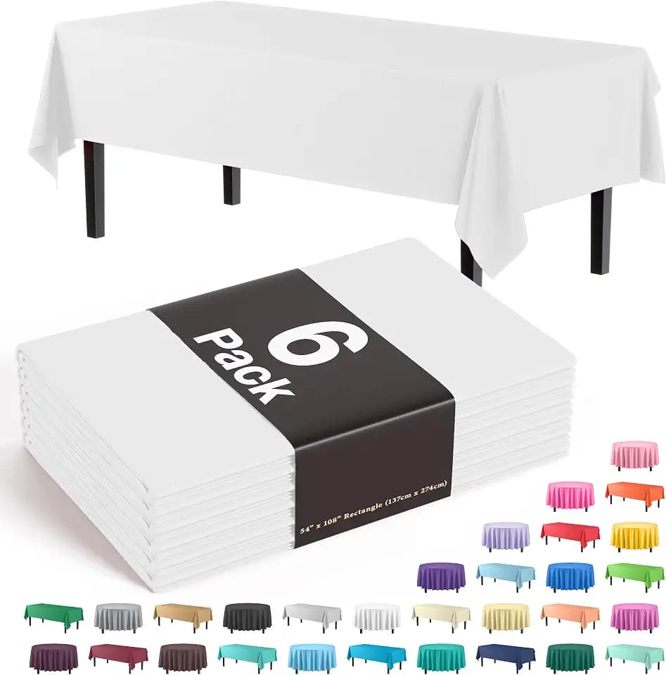 Exquisite White Plastic Table Cloth Disposable 6 Pack - 54 x 108 Inch Rectangle Tablecloth for 6 Foot Tables - Waterproof Table Cover for Party Wedding Birthday Graduation BBQ Catering
