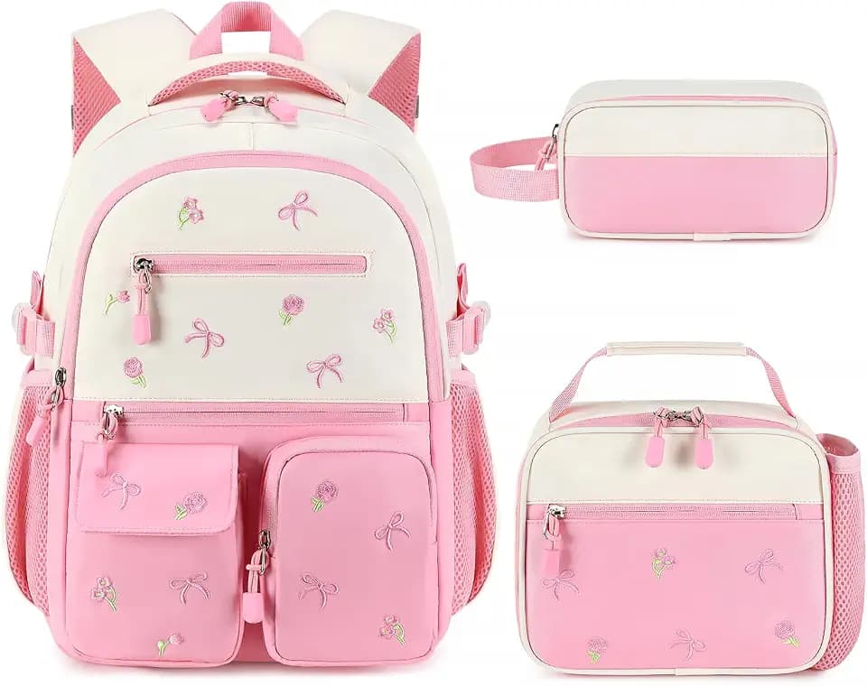 DIGOBAY Backpack for Girls 6-8, 3PCS Embroidery Toddler Girls Backpack with Lunch Bag Pencil Case, 15.7" Kids School Bookbag for Preschool Kindergarten Elementary Daycare Backpacks, Pink Bow