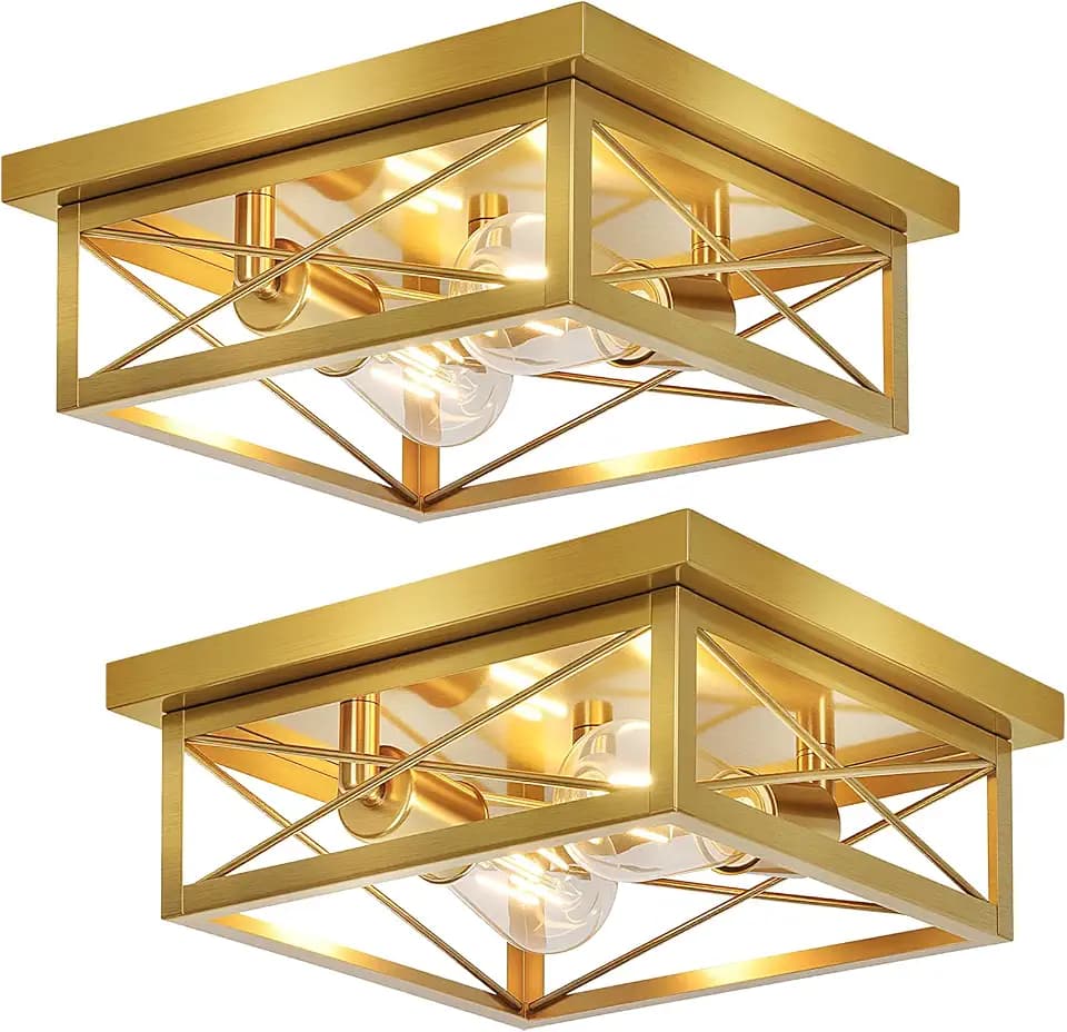 Kondras Gold Hallway Light Fixtures Ceiling, 2-Light Farmhouse Vintage Flush Mount Ceiling Lights, 2-Pack Brass Metal Kitchen Light Fixtures, Close to Ceiling Lights for Bedroom Living Room Entryway