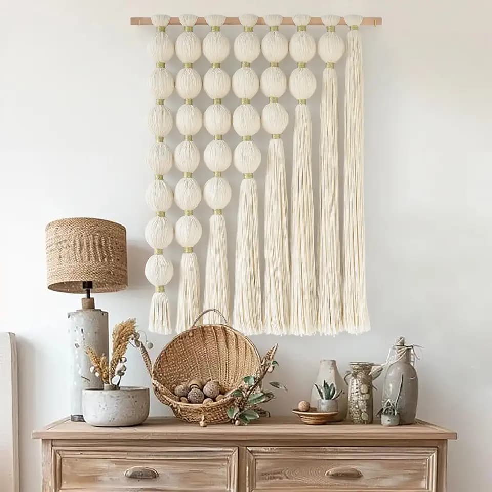 Macrame Wall Hanging, Ivory Tassel Ball Boho Wall Decor, 27"x31"