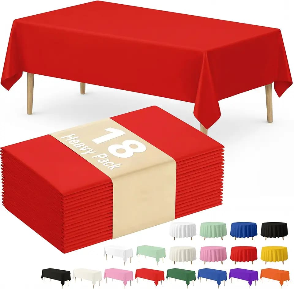 Fixwal 18 Pack Disposable Red Rectangle Plastic Tablecloth, 54 x 108 Inch