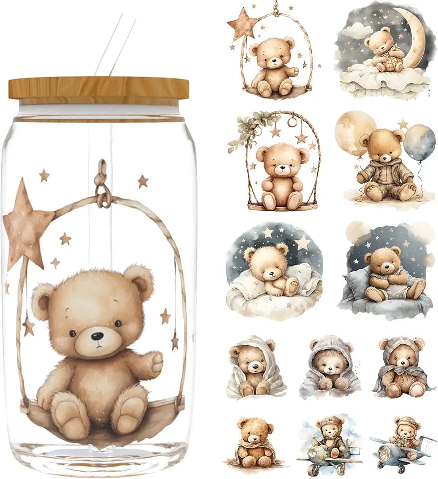 12 Pcs UV DTF Stickers Teddy Bear UV DTF Cup Wrap for 16oz Glass