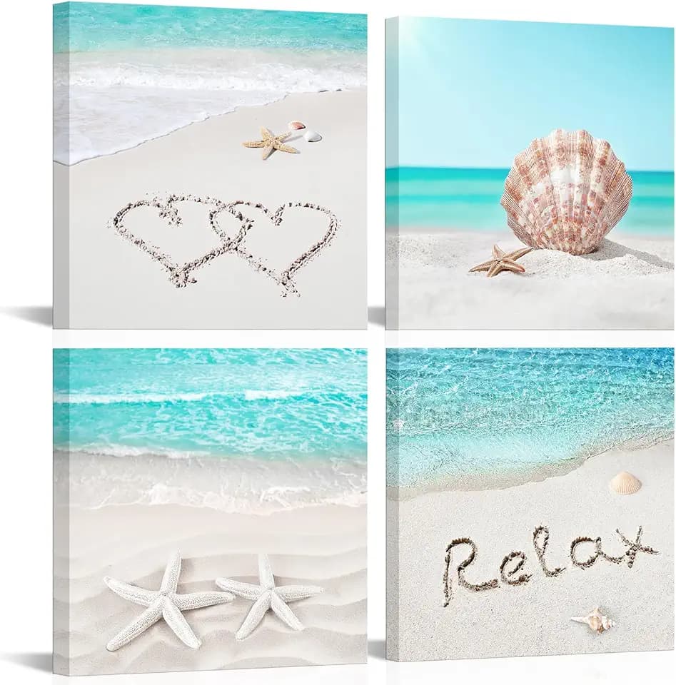 VANSEEING 4 Pieces Coastal Wall Art Canvas Prints Beach Shell Starfish Sea Pictures Relax Love Heart Modern Artwork Teal Bathroom Decor Kitchen Living Room Wall Decor 12"x12"x4