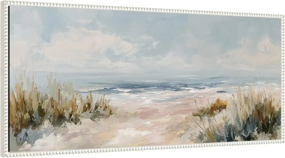 Kate and Laurel Framed Canvas Wall Art Print Beach Grass Ocean Waves Panel by The Creative Bunch Studio, 40 x 18 Sylvie Beaded White Frame, Coastal, Beach Art for Wall Decor