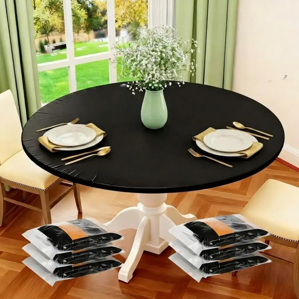 Boao 6 Pcs 48 Inch Round Plastic Fitted Tablecloth Elastic Edge, Black