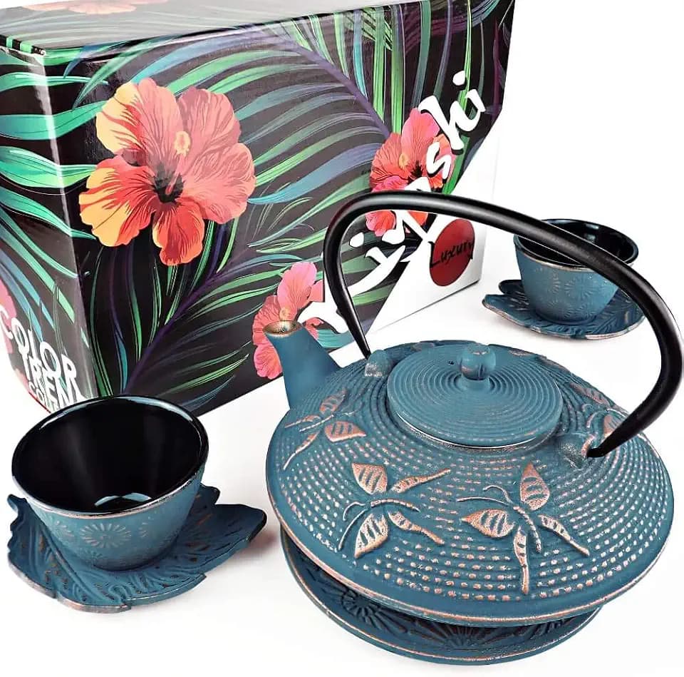 Blue Butterfly Cast Iron Tea Set, 2 Cups, 2 Saucers, Infuser & Trivet