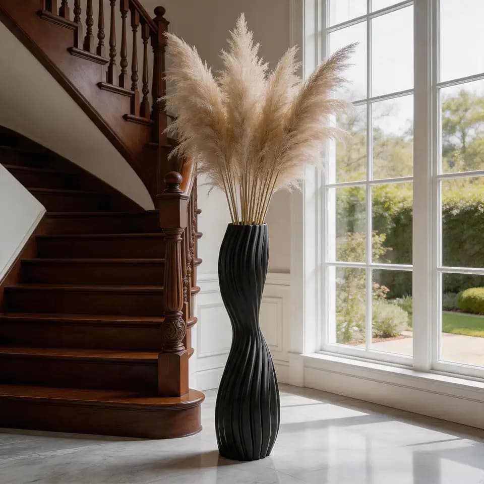 Modern Black Floor Vase, 24 Inch Tall S-Shape Striped Resin Vases, Large Sturdy Home Decor Vase for Living Room, Office, Bedroom with Oval Opening for Dried Pampas Grass & Branches