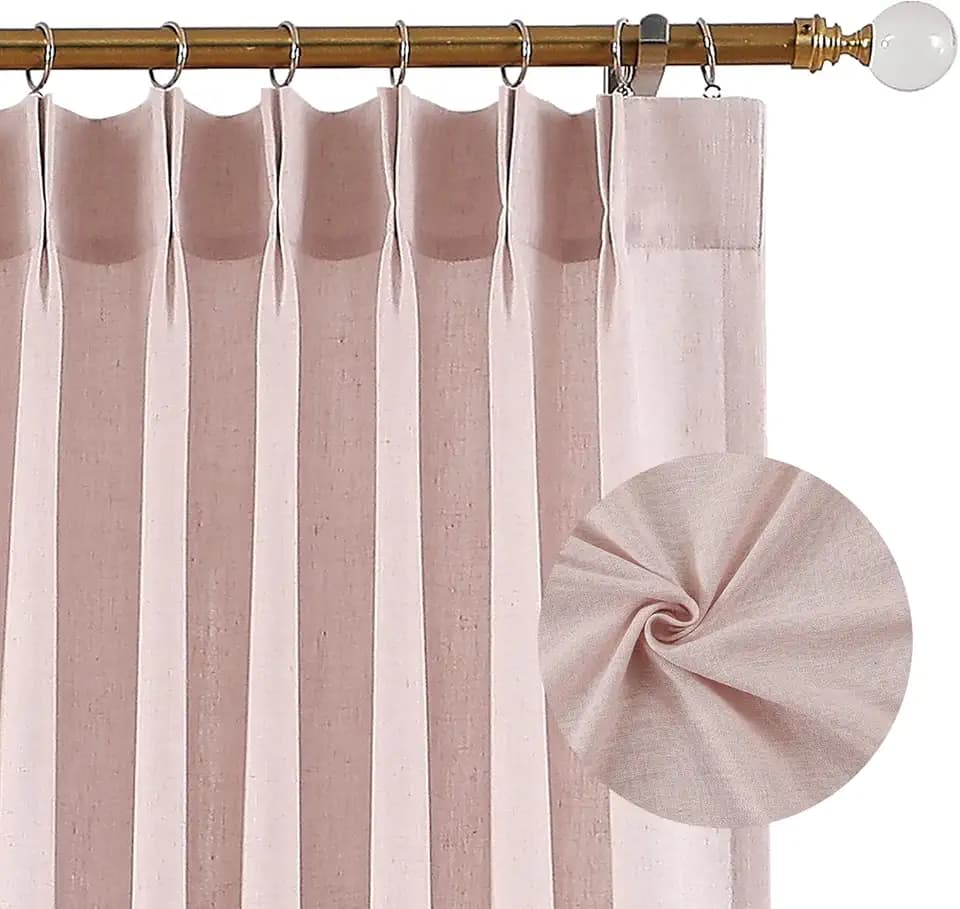Hillcrest Soft Pink Pinch Pleated Linen Semi Sheer Curtains 84 Inch Long