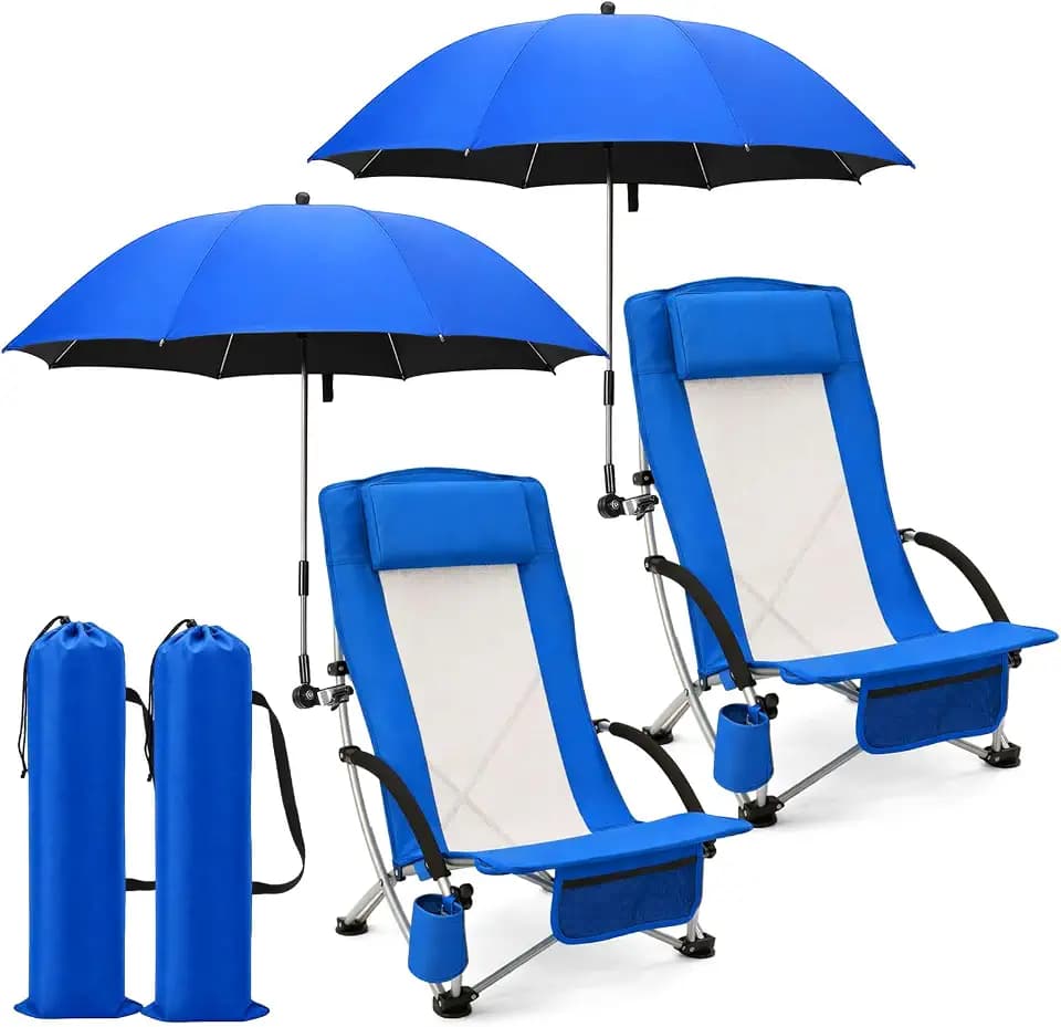 Colingmill 4 Pcs Low Beach Chair with Umbrella Camping Chair Backpack Folding Recliner Mesh Back with Headrest Cup Holder Carry Bag for Summer Tent Picnics Outdoor Travel Barbecues (Ocean Blue)