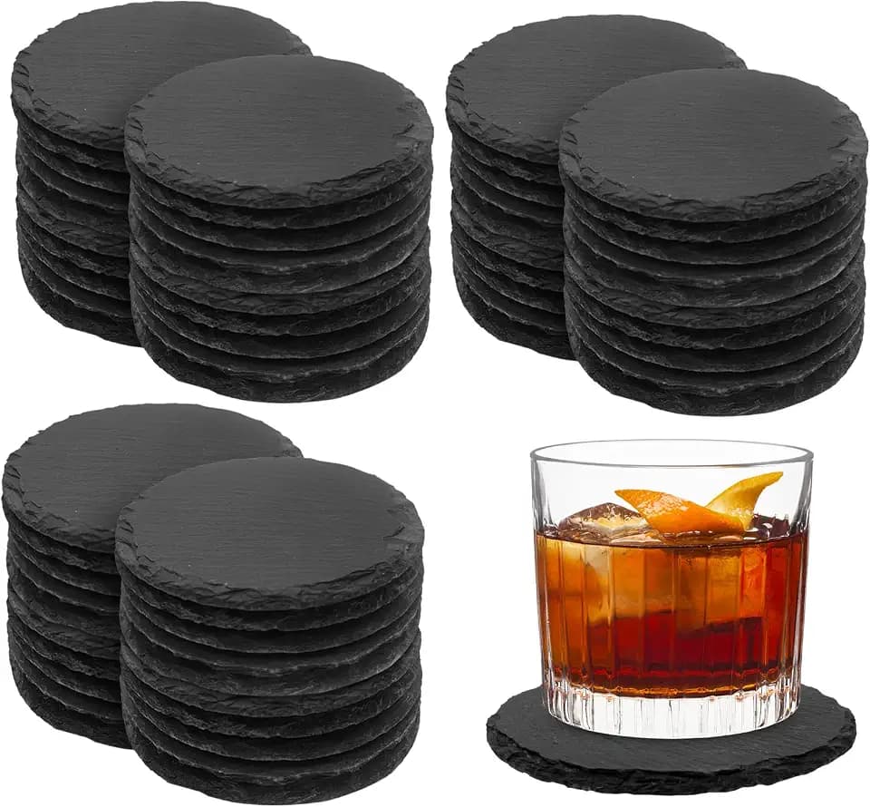 60 Pcs Slate Coasters, 4 inch Black Stone Coaster Set, Round
