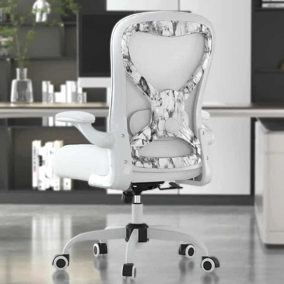 Ergonomic Office Chair for Long Hours and Back Pain Relief, Space-Saving Design with Adjustable Lumbar Support, Flip-Up Arms, 3D Headrest, Tilt & Rock, 330 LBS (White+Marble)