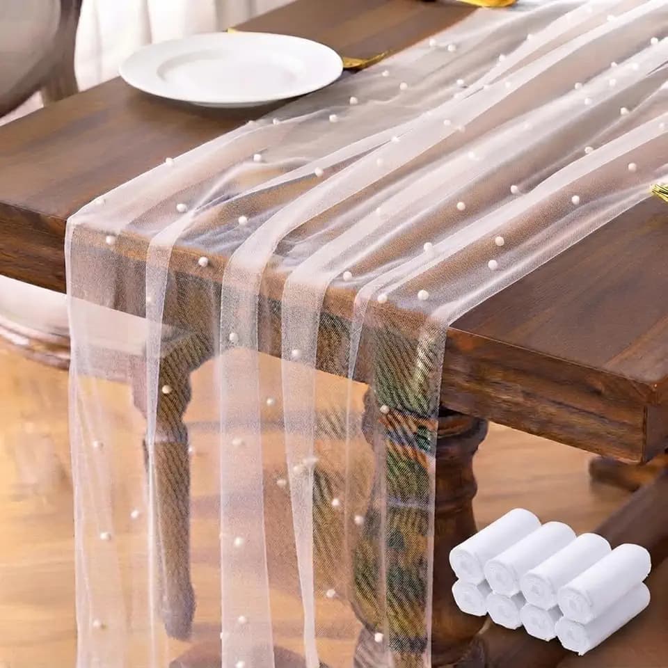 Oudain 8 Pcs Pearl Table Runner, Tulle 10 ft Bridal Wedding, White