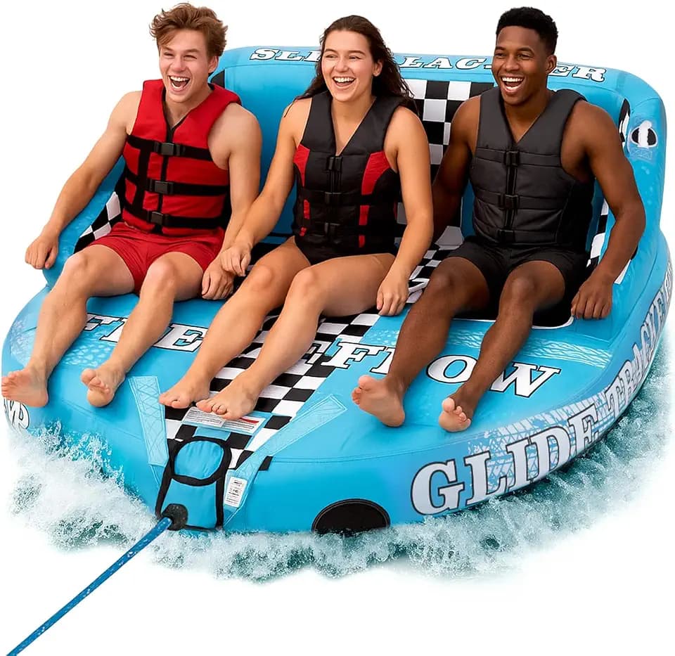 Serenelife Inflatable Towable Tube for Boating – 3 Person, 4500 lbs Pulling Capacity, Deck Seats & Backrest, Premium Nylon Cover, Grab Handles, Front/Back Tow Points, Speed Safety Valve