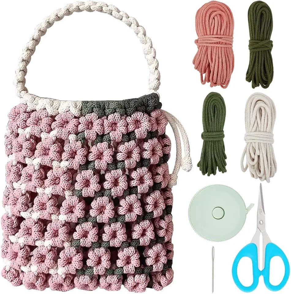 BEUNITONE DIY Macrame Bag kit for Adults Beginners Boho Pink Floral Handbag Making Kit Set for Women with Video Instruction Crochet Shoulder Bags for Women Holiday Beach Decor Trendy DIY Kit Gifts