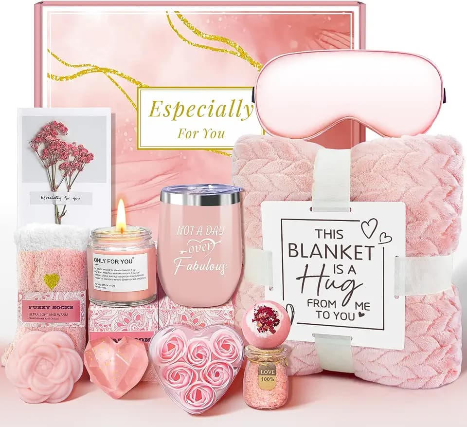 Birthday Gifts Basket for Women, Get Well Gifts, Spa Care Package with Flannel Blanket, Tumbler - Valentine's, Mother's Day, Christmas Gifts for Women, Mom, Wife, Girlfriend, Friends, Sister