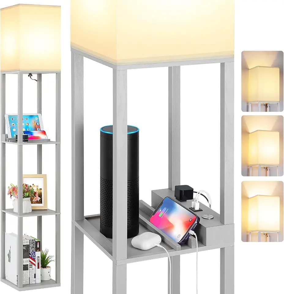 FOLKSMATE LED Shelf Floor Lamp, Modern Touch Control Dimmable Standing Lamp with 2 USB Ports and 1 Power Outlet, Corner Tall Lamps with Shelves, Wood Standing Light for Bedroom, Living Room, Grey