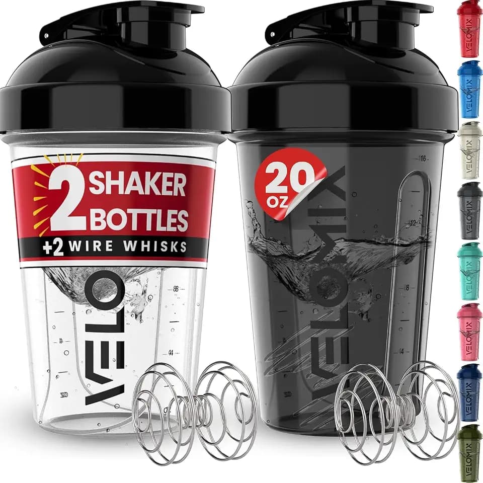 VELOMIX 2 Pack 20oz Protein Shaker Bottle for Protein Mixes, Black/Transpar