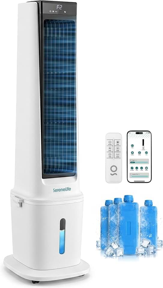 SereneLife Evaporative Air Cooler with 17L Detachable Water Tank, Air Cooler with 1800 CFM Cooling Power, Indoor Outdoor Oscillating System with Wheels, Remote & Ice Packs, (Black & White)