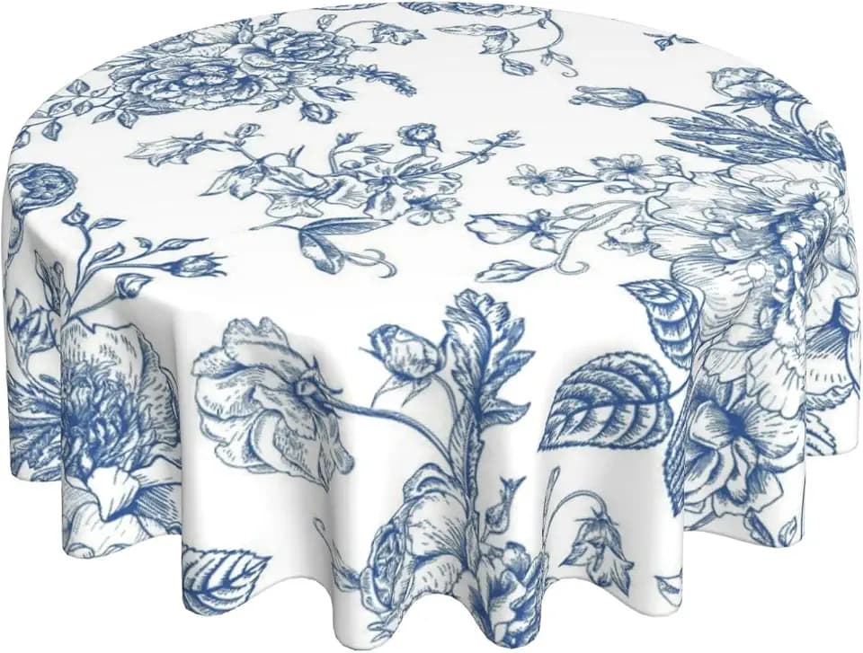 AGAYNA Blue Floral Tablecloth Round 70 Inch Chinoiserie Vintage Flower Table Cloth,Stain Resistance Polyester Spring Summer Seasonal Table Covers for Kitchen Dining,Small Tablecloth for Party Picnic