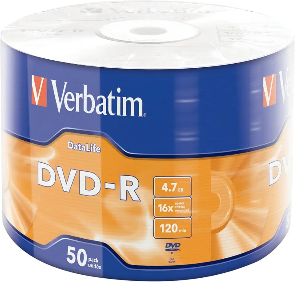 Verbatim DVD-R Rohlinge DataLife 4,7GB 16x 50er Pack Matt Silver Disc | Mit 16x Brenngeschwindigkeit und Hardcoat Scratch Guard, bedruckbar im 50er Pack für langlebige Datensicherung