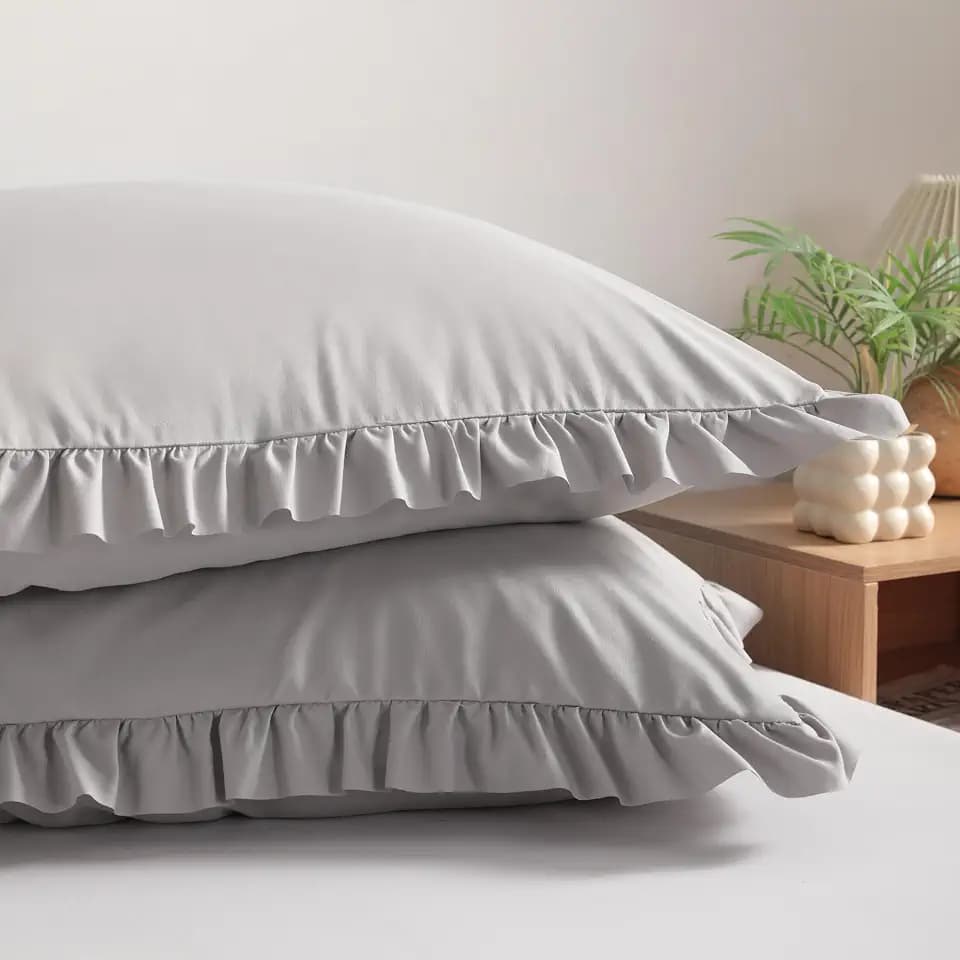 BEDSUM King Ruffled Pillow Shams - Set of 2, 20x40, Light Grey