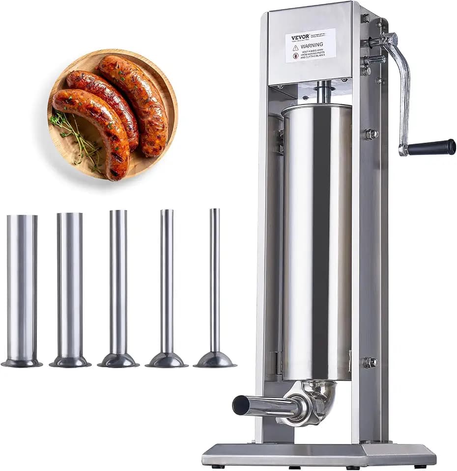 VEVOR Manual Sausage Stuffer, 7 L / 15 LBS Vertical Sausage Machine, Dual-Speed Meat Stuffer, Made of Food-Grade 304 Stainless Steel, Includes 5 Stuffing Tubes, for Home Kitchen Restaurant Commercial