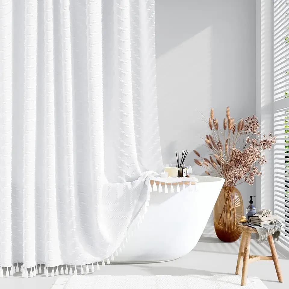 Dynamene Boho Farmhouse Fabric Shower Curtain Tufted Chevron 72"x72" White