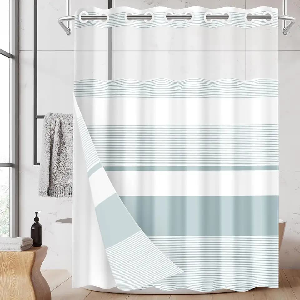 No Hook Shower Curtain with Snap in Liner 71x74 Inch Teal Striped