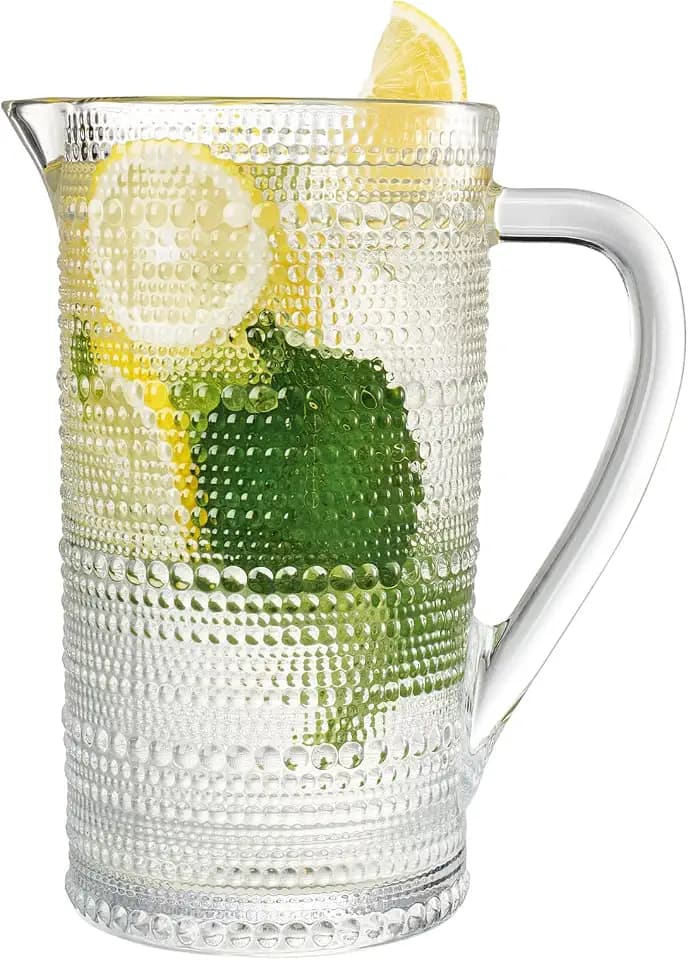 Hobnail Glass Pitcher, Vintage Beaded Beverage Dispenser - 37 oz