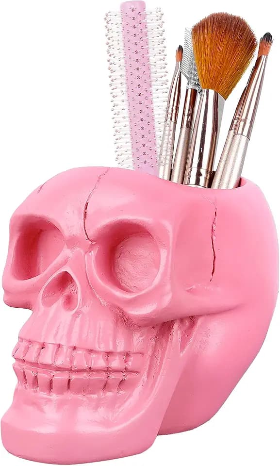 Pink Skull Makeup Brush Holder, Skull Head Pen and Pencil Holder, Goth Skull Decor Desktop Organizer for Office Vanity Dresser Bathroom