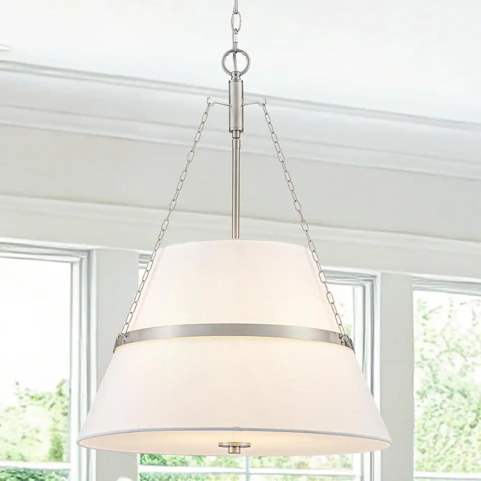 20" Brushed Nickel Drum Chandelier for Dining Room Linen Pendant Light