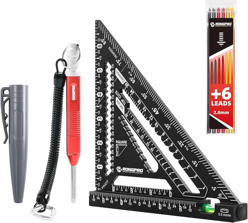 7inch Rafter Square with Level Vial, Heavy Duty Multi-Purpose Aluminum Triangle Ruler with Carpenter Pencil for Woodworking and Home DIY